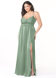 Azazie Raya Schlussverkauf A-Linie V-Hals Gefaltet Stretch-Satin Kleid Agave image9