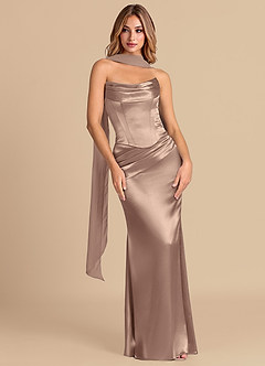 Azazie Sorrel Robes de demoiselle d'honneur Robe Sirène Convertible en Satiné métallisé Corset Taupe image3