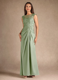 Azazie Santa Barbara Mother of the Bride Dresses Dusty Sage Sheath Pleated Stretch Satin Dress image4