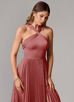 Azazie Afra Abiti da Damigella Abito A-Line in Raso Elasticizzato Plissettato Rosa Antica image5