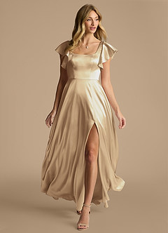 Azazie Bondi Bridesmaid Dresses Champagne A-Line Bow Metallic Satin Dress image6