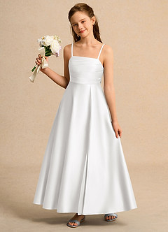 Azazie Pebbles Girls Formal Blumenmädchenkleider A-Linie Plissee Matte Satin Kleid Weiß image1