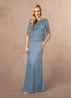 Azazie Belladonna Mother of the Bride Dresses Dusty Blue Mermaid Scoop Pleated Mesh Dress image2