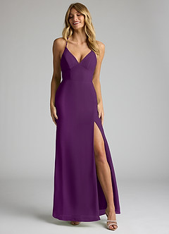 Azazie Becca Bridesmaid Dresses Grape Sheath V-Neck Chiffon Dress image4