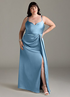 Azazie Brielle Robes de demoiselle d'honneur Robe Trapèze en Satin extensible Bretelles spaghetti Acier Bleuté image6