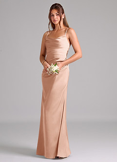 Azazie Lucille Vestidos de damas de honor Vestido de Oro Rosa de Satén Elástico de Corte Sirena Convertible con Sin tirantes image3