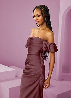 Barbie ♥ Azazie Bridesmaid Dresses Sangria Sheath Off the Shoulder Stretch Satin Convertible Dress image6