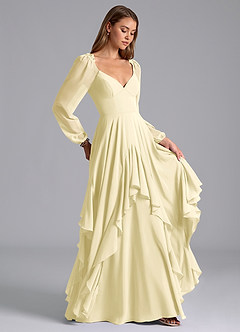 Azazie Karan Abiti da Damigella Abito A-Line in Chiffon Manica Lunga Sorbetto Al Limone image4