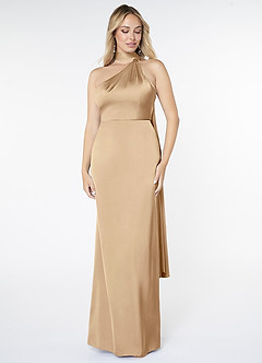 Azazie Kaylani Vestidos de damas de honor Vestido de Champán de Satén Elástico de Corte Sirena con Cuello Alto image1