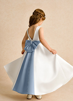 Azazie Cherry Flower Girl Dresses Ivory Dusty Blue Ball-Gown Pleated Matte Satin Dress image4