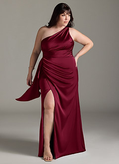 Azazie Maive Bridesmaid Dresses Burgundy Sheath Ruched Stretch Satin Dress image6