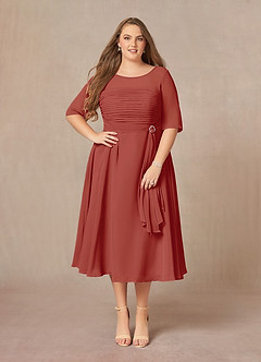 Azazie Naomi Kleider für die Brautmutter A-Linie Bootshals Gefaltet Chiffon Kleid Terrakotta image10