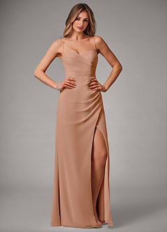 Azazie Haisley Bridesmaid Dresses Champagne Rose Sheath Off the Shoulder Chiffon Convertible Dress image1