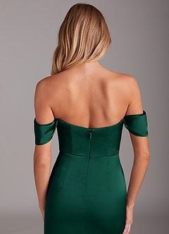 Azazie Saige Bridesmaid Dresses Emerald Sheath Off the Shoulder Stretch Satin Dress image9