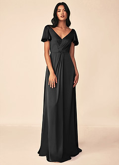 Azazie Soren Robes de demoiselle d'honneur Robe Trapèze en Satin extensible Plissée Noir image1