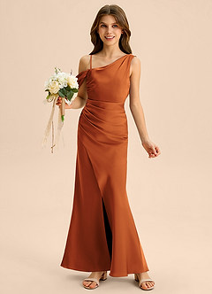 Azazie Madelyn Junior Osłona Zza ramienia Satyna elastyczna Długość podłogi Młodsza druhna Sukienka image1