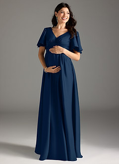 Azazie Verna Maternity Bridesmaid Dresses A-Line Ruched Stretch Satin Floor-Length Dress image3