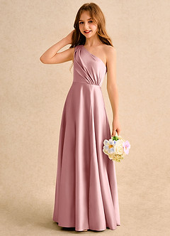 Azazie Puddles Girls Formal Robe Demoiselle D'honneur Fillette Robe Trapèze en Mat Satiné Asymétrique Rose Poussiéreuse image6