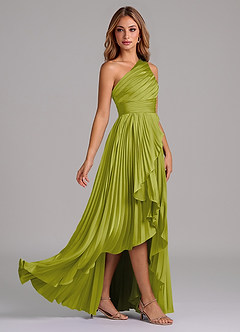 Azazie Lyrica Bridesmaid Dresses Lemongrass A-Line One Shoulder Stretch Satin Dress image2