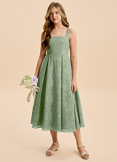 Azazie Amalie Junior Vestido de Salvia Polvorienta de Devorado Floral de Corte en A con Volante image3