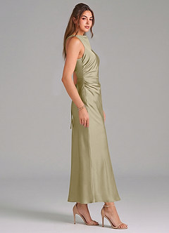 Azazie Evadne Vestidos de damas de honor Vestido de Musgo Verde de Satén Elástico de Corte Recto con Plisado image4