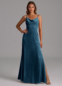 Azazie Olaine Bridesmaid Dresses Blue Topaz A-Line Pleated Velvet Dress image1