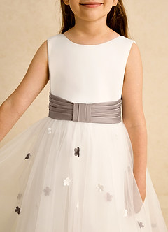 Azazie Cricket Flower Girl Dresses Ivory Taupe Ball-Gown Pleated Matte Satin Dress image8