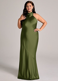 Azazie Velli Jurken voor bruidsmeisjes Jurk van Stretch Satijn met Zeemeermin Hoge Kraag Olijf image10