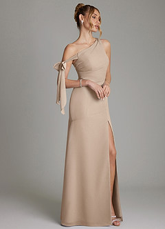 Azazie Aylin Bridesmaid Dresses Taupe Sheath Off the Shoulder Chiffon Dress image6