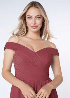 Azazie Audrianna At-home Try On Dresses Burgundy A-Line Off-The-Shoulder Gathered Chiffon Convertible Dress image5