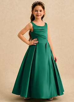 Azazie Audrey Flower Girl Dresses Emerald A-Line Pleated Matte Satin Dress image4