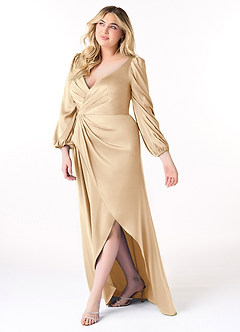 Azazie Mel Brautjungfernkleider Etui Langarm Stretch-Satin Kleid Champagner image9