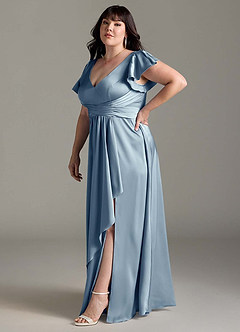 Azazie Omari Vestidos de damas de honor Vestido de Azul Polvoriento de Satén Elástico de Corte en A image12