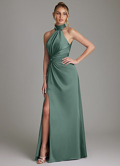 Azazie Gracelynn Bridesmaid Dresses Eucalyptus Sheath Pleated Stretch Satin Dress image6