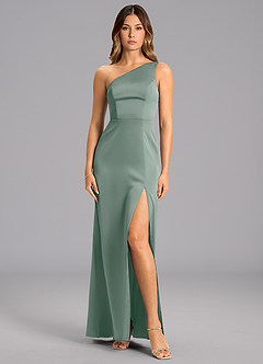 Azazie Feby Venta Final Vestido de Black de Satén Elástico de Corte en A con Hombro unilateral image1