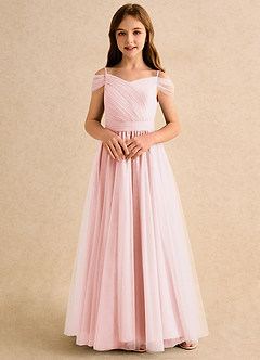 Azazie Yuna Girls Formal 플라워 걸 드레스 A라인 오프 더 숄더 얇실버 명주 그물 플로어 길이 드레스 image4