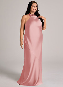 Azazie Velli Suknie dla druhen Syrena Wysoka Kołnierz Satyna elastyczna Do ziemi Sukienka image11