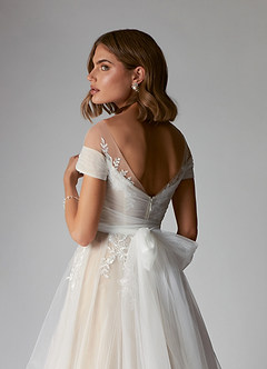 Azazie Cindy Wedding Dresses A-Line Illusion Off-The-Shouler Lace Tulle Chapel Train Dress image7