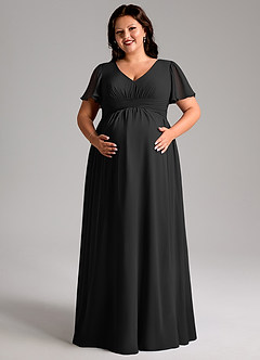 Azazie Verna Robes de demoiselle d'honneur de maternité Robe Trapèze Col V froncé Longueur ras du sol Mousseline de soie image11
