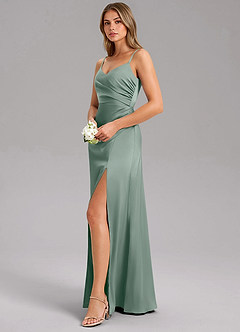 Azazie Azuree Essayer des robes à la maison Robe Trapèze en Satin extensible Plissée Eucalyptus image4