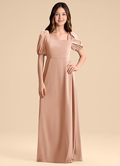 Azazie Briar Junior Vestido de Oro Rosa de Satén Elástico de Corte en A con Lazo image3