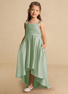 Azazie Kat Flower Girl Dresses Dusty Sage A-Line Pleated Matte Satin Dress image6
