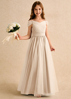 Azazie Yuna Girls Formal Abiti da Ragazza di Fiori Abito A-Line in Tulle Spalle Scoperte Alabastro Bianco image1