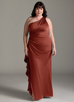 Azazie Latrice Bridesmaid Dresses Terracotta Sheath One Shoulder Cascading Ruffles Stretch Satin Dress image6