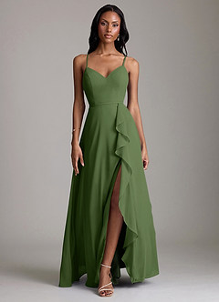 Azazie Naeem Bridesmaid Dresses Olive A-Line V-Neck Ruffle Chiffon Dress image1