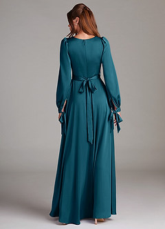 Azazie Leonia Robes de demoiselle d'honneur Robe Trapèze en Satin extensible Manche longue Bleu Encre image2