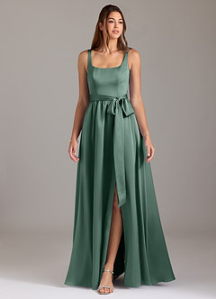 Azazie Elliott Bridesmaid Dresses Eucalyptus A-Line with Pockets Stretch Satin Dress image3