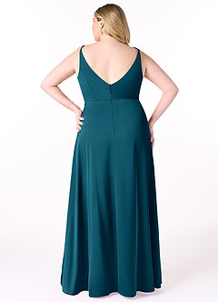 Azazie Dalilah Final Sale Ink Blue A-Line V-Neck Pleated Stretch Satin Dress image7