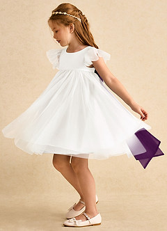 Azazie Munchkin Flower Girl Dresses Ivory Grape A-Line Bow Tulle Dress image5