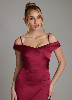 Azazie Teyana Bridesmaid Dresses Burgundy Sheath Off the Shoulder Stretch Satin Dress image3